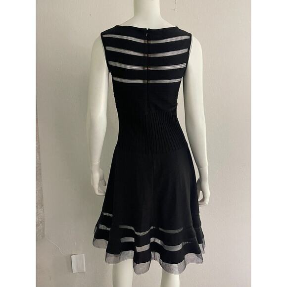 Tadashi Shoji XS Dress Black Jersey Illusions Mesh Pleat Fit Flare Cocktail - Picture 9 of 10